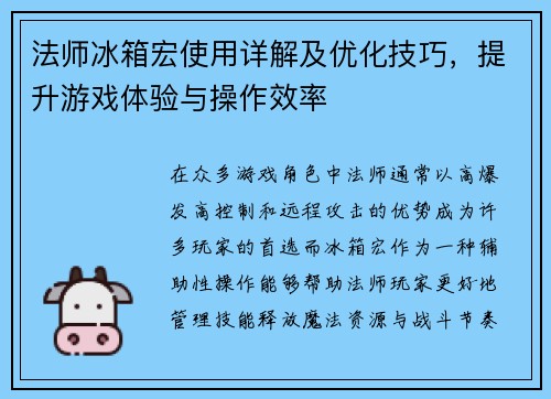 法师冰箱宏使用详解及优化技巧，提升游戏体验与操作效率