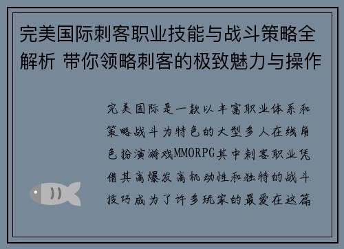 完美国际刺客职业技能与战斗策略全解析 带你领略刺客的极致魅力与操作技巧